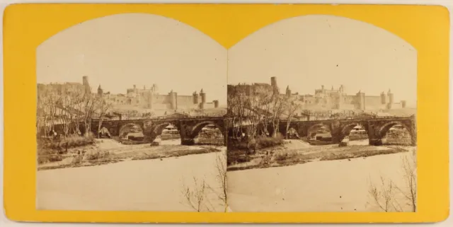 FRANCE Carcassonne Pont Vieux c1865 Vintage Stereo Photo Albumin