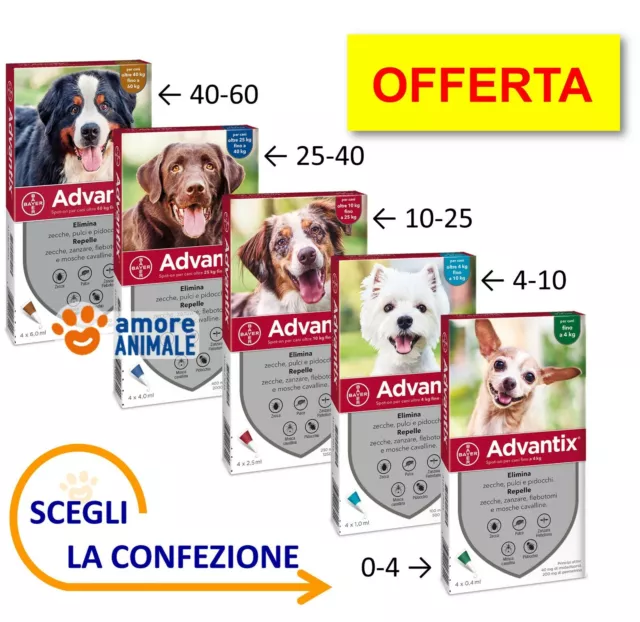 Advantix Bayer - 4 pipette per cani da 0-4 / 4-10 / 10-25 / 25-40 / 40-60 kg