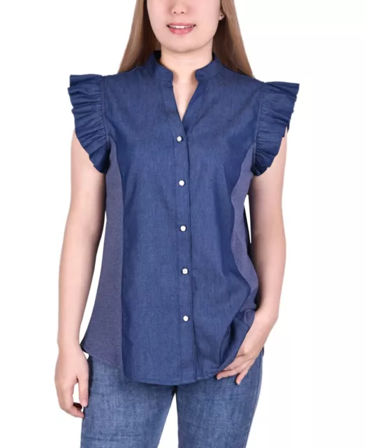 MSRP $42 NY Collection Womens Flanged Sleeve Button Shirt Blue Size Small