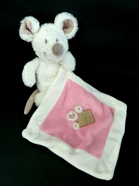 *. DOUDOU PELUCHE NICOTOY SOURIS MOUCHOIR BLANC ROSE 22 cm -  EXCELLENT ETAT