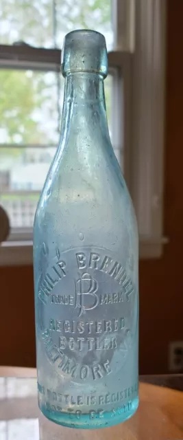Scarce Philip Brendel Slugplate Blob Top Beer Bottle Baltimore MD Aqua