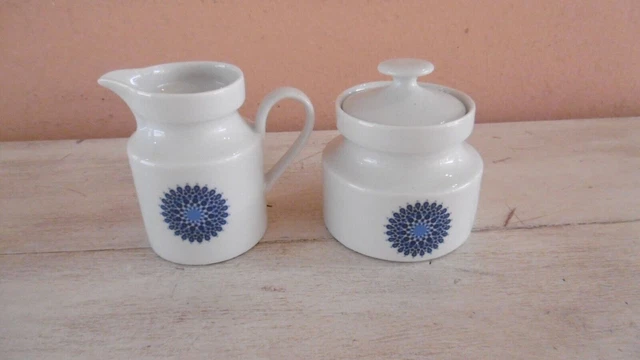 Azucarero Y Lechero Vintage En Loza Alemana Decorado Rosetón Azul Años 70