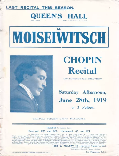 Konzert Recital Programm 1919 Benno Moiseiwitsch Klavier Chopin Recital