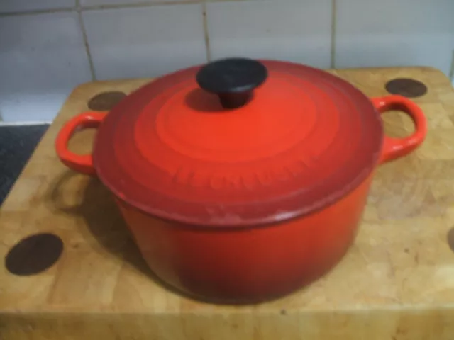 Le Creuset Cast Iron Round Casserole 18cm 1.Ltr Cap Red Cerise V.G.C.