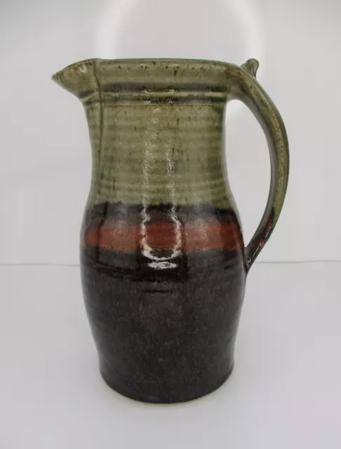Vintage Pottery Pitcher Vessel Glaze Brown Olive Green Black Coffee Tea Handmade