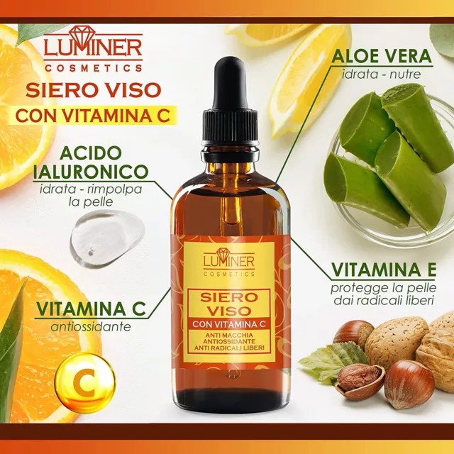 Siero Viso Antimacchie e Antirughe con Acido Ialuronico Puro, Vitamine C-E 100ml 2