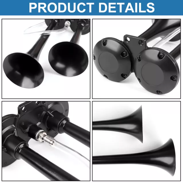 2 Pack 12V 150db Car Air Horn Kit, Black Dual Trumpet Air Horns for Truck, Loud