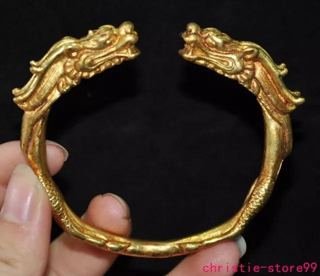 Old Chinese Dynasty Palace Bronze gilt 24k gold Dragon Amulet bracelet Bangle