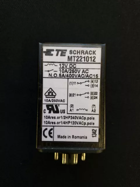 Schrack MT221012 Relay,8 Pin.12v Dc Coil.10 Amp 250v Contacts