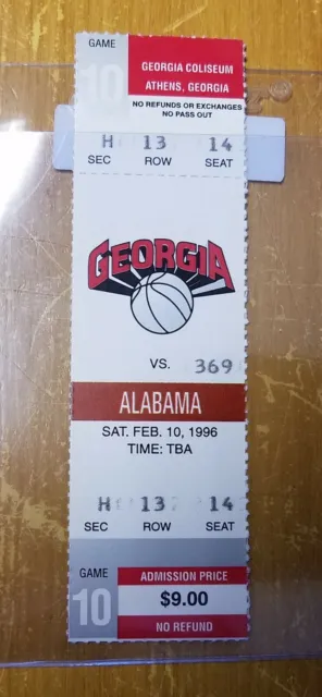 Alabama Crimson Tide vs Georgia Bulldogs (2-10-1996) Basketball Ticket Stub