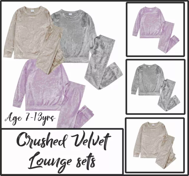 Girls Velour Tracksuit Crushed Velvet Set Grey Pink Lounge 2 Pieces Set Outfit