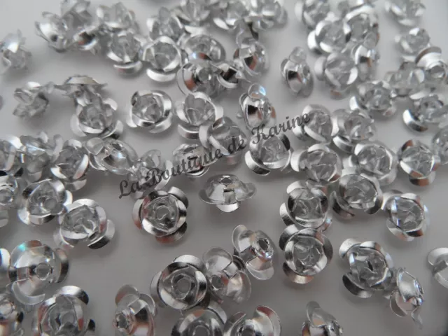 LOT DE 50 PERLES ALUMINIUM ARGENTE CLAIR FORME FLEUR ROSE 7 mm - CREATION BIJOUX