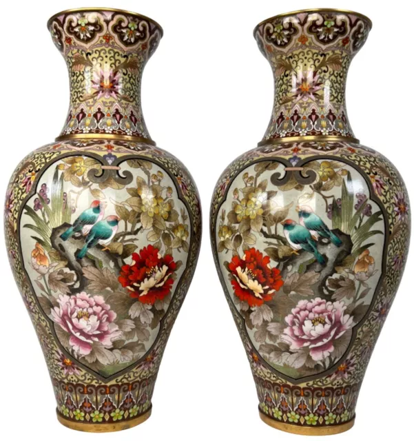Pair Palace 20" Chinese Chinoiserie Cloisonne Enameled Love Birds Floral Vases