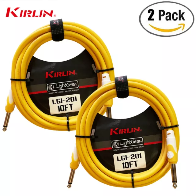 2 PACK Kirlin 10FT Guitar Instrument Patch Cable YELLOW Free Cable Tie 1/4" NEW