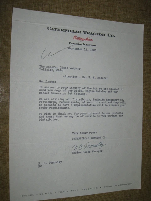 CATERPILLAR TRACTOR COMPANY CO Letterhead Letter 1938 Peoria Illinois 14