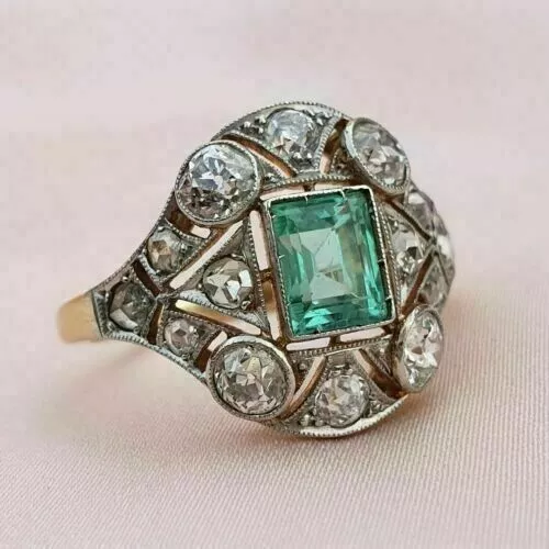 Art Déco Smaragd 2.26 Diamantring Vintage Verlobungsring Antik 925 Silber