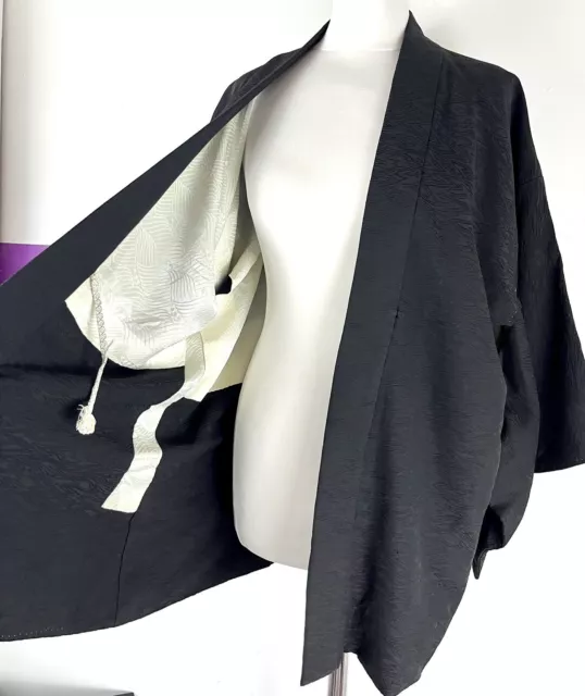 Giacca Kimono Haori Vintage Giapponese Nera Miscela Seta Crepe Taglia M 3