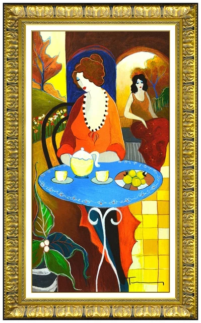 Itzchak Tarkay Original Mixte Peinture sur Toile Signée Femme Cafe Œuvre
