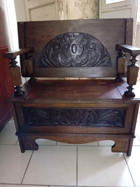 Antique Carved Oak Monks Bench / Table