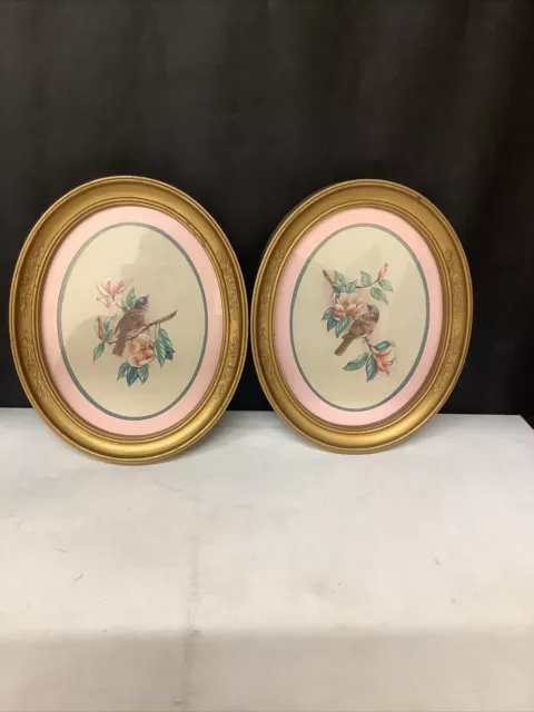 VINTAGE PAIR OF Home Interiors Bird Flowers Matted Gold Oval