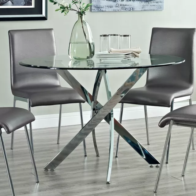 Modern Clear Glass Round Dining Table With Chrome Cross Legs Kitchen Furniture