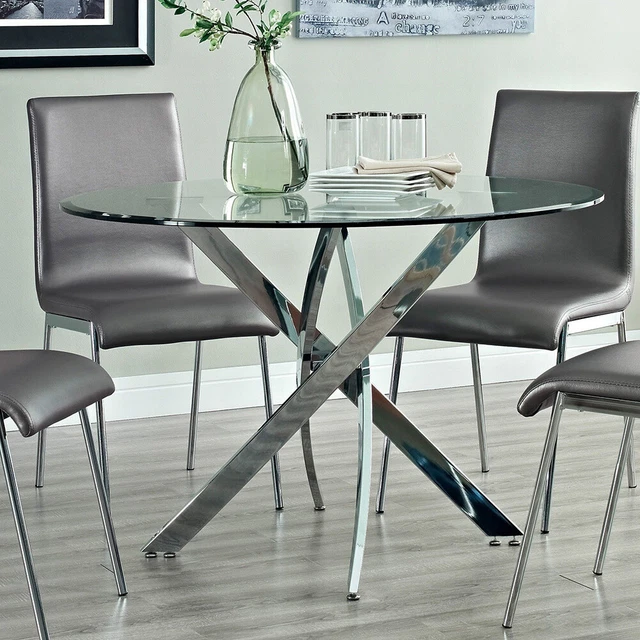 MODERN CLEAR GLASS Round Dining Table With Chrome Cross Legs Kitchen Furniture £99.95 PicClick UK