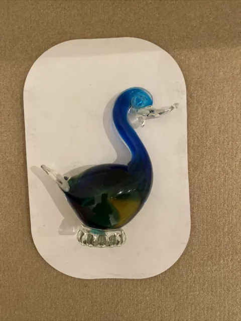 Vintage Murano Art Glass Duck Figurine Cobalt Blue Swirls Of Green And Brown Ex