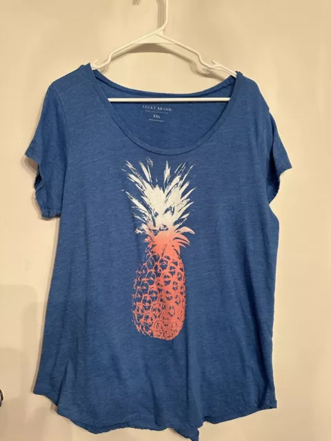 Lucky Brand T-Shirt Womens Graphic Tee Cap Sleeve Pineapple (Blue XXL)