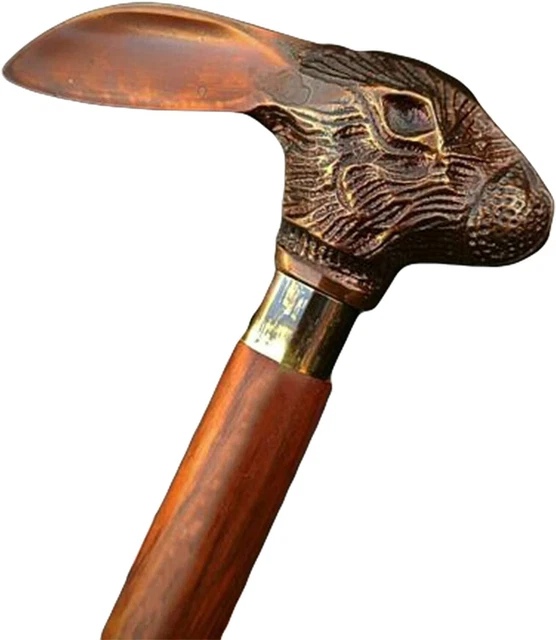 51" Antique Brass Walking Stick with Rabbit Head Handle, Adjustable Vintage Cane
