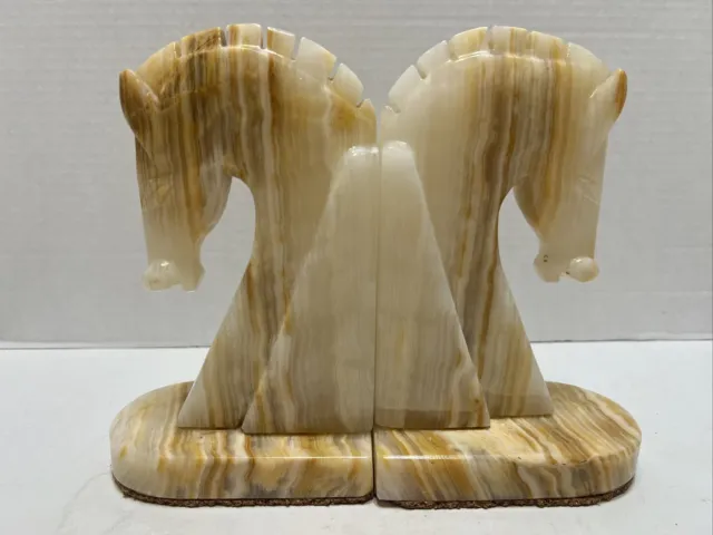Vintage Carved Onyx Marble Stone Trojan Horse Head Bookends 8" Tall