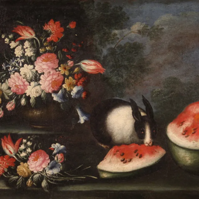 Bodegon con conejo cuadro antiguo oleo sobre lienzo pintura jarron flores 700