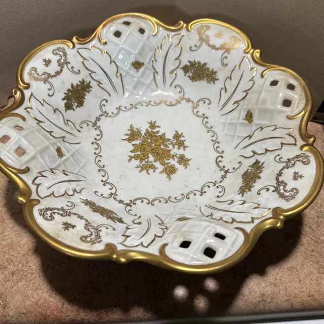 Reichenbach German Porcelain Footed Bowl White 22k Gold Flowers Pierced Lattice