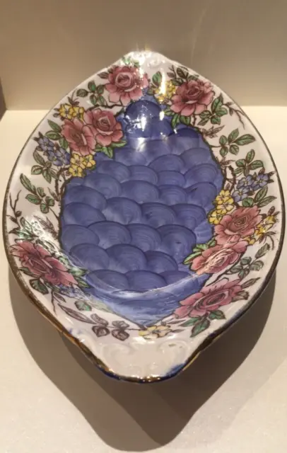 Vintage Maling Large Bon Bon Dish With Rosine Pattern On A Blue  Ground