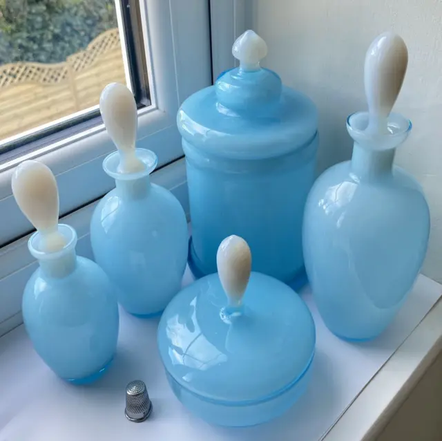 Vintage 1970 Murano blue opaline glass 5 piece dressing table set jars & bottles