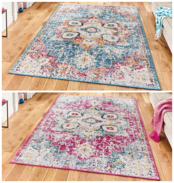 Large Distressed Traditional Rug Faded Blue Pink Bedroom Living Room Rugs Carpet