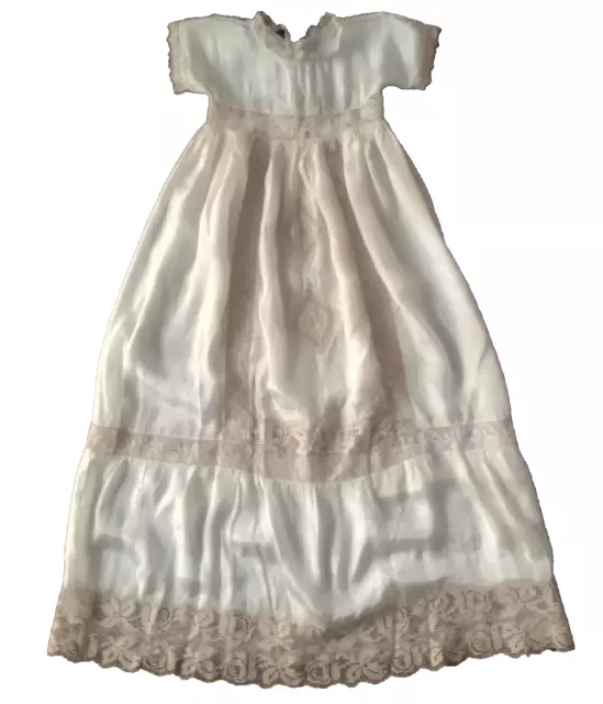 Antique Cream Silk & Lace Baby Dress / Christening Gown hand sewn embroidered