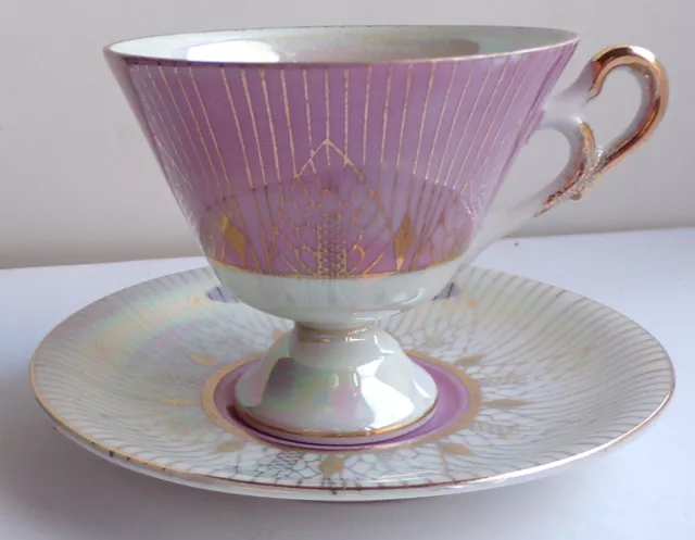 Pink Gold Lusterware Iridescent  Teacup Tea Cup & Saucer Footed