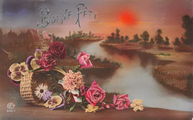 Cartolina Fantasia, Paesaggio E Cestino Da Fiore