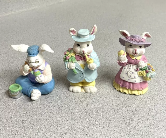 Vintage Sweet Bunny Family Resin Figurines Mini Easter Rabbits Taiwan Lot Of 3