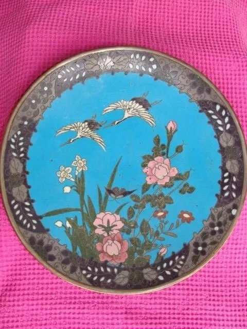 Antique Cloisonne Charger Vintage Meiji Era Plate Cranes Flowers Rare Asia Decor