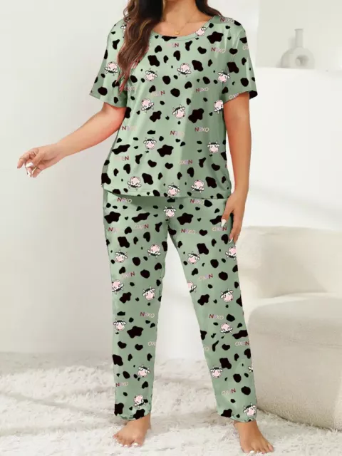 Pyjama Set Plus Size 18 20 22 24 26 Green Cartoon Cute Cow Stretch Loungewear