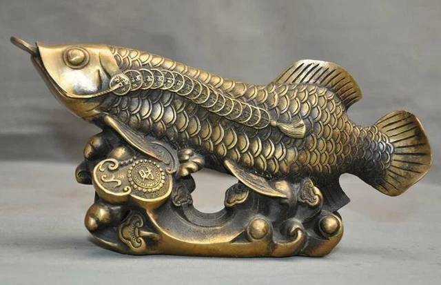11" China bronze Feng shui money coin ruyi wealth lucky fish goldfish  statue