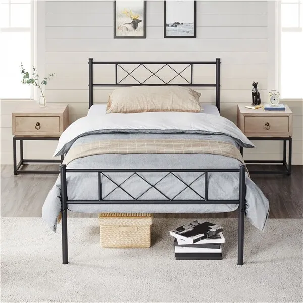 Used Black/White/Silver Metal Platform Bed Frame with Headboard/Footboard Twin