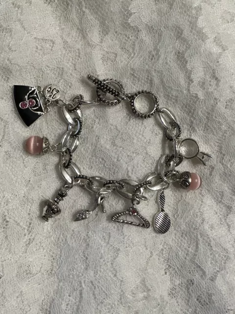 Charm Bracelet Silver Tone Purse Perfume High Heel Ring Mirror Charms