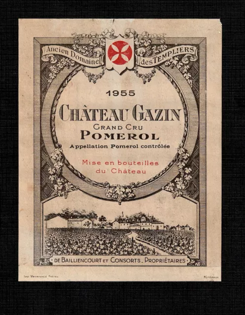 Wine Label 1955 Chateau Gazin Grand Cru Classe Pomerol Appellation Controlee