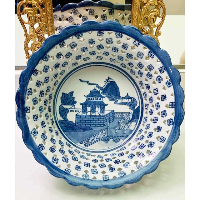 19th Century Chinese Blue & White Porcelain 10" Antique Reticulated Basket Bowl