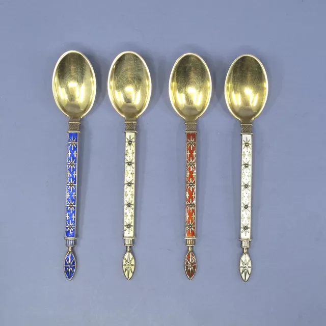 J TOSTRUP Norway Enamel Gilt Sterling Silver 4 Demitasse Spoon Set Espresso 32g