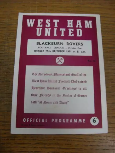 26/12/1961 West Ham United v Blackburn Rovers  (score/rs noted, light fold)