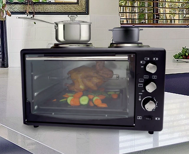 PORTABLE ELECTRIC OVEN with Rotisserie Two Hot Plates for Stovetop