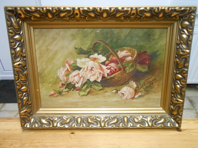 ANCIEN TABLEAU HUILE sur toile nature morte bouquet de fleurs rose ...